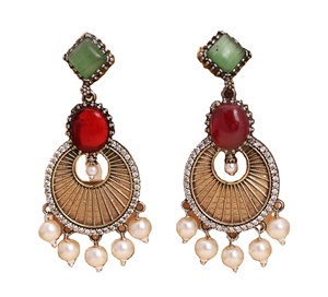 Luxury Traditional Indian Antique Silver Plated Brass <b>Drop</b> <b>Earrings</b> Pearl Shape Artificial Green <b>Red</b> Stones Bezel Setting Ethnic - Product Image 1