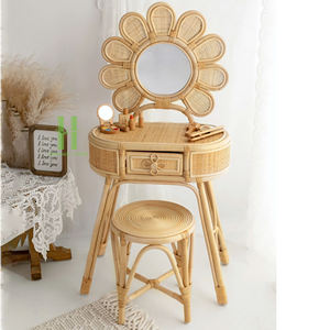 HNH CRAFT HNH 26008 Modern Oval Rattan Kids' <b>Vanity</b> <b>Table</b> Set with <b>Mirror</b> & Stool-Eco-Friendly Durable Safe School Use - Product Image 2