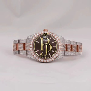 Luxury Square Quartz Glass Fully Iced <b>Men</b> Two-Tone Rose <b>Gold</b> Brown Dial Stainless Steel Eco-Friendly Lightweight 10 Bar <b>Watch</b> - Product Image 1