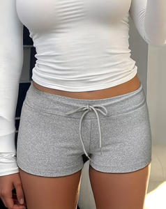 Women's Gray Solid Color Drawstring Waist Shorts Casual Knitted Breathable Athletic Short Pants Mid Rise Regular Fit - Product Image 1