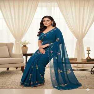 VASTRA COTTAGE Saree Premium de Georgette con Borde Pintado a Mano con Estampado Floral, Elegante Vestido de Fiesta Estilo Bollywood - Product Image 2