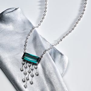 Luxury Women <b>Emerald</b> <b>Pendant</b> Necklace With Round Brilliant Cut Diamonds 925 Silver Rhodium Plated Geometric Design - Product Image 3
