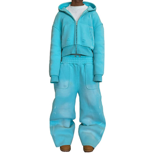 Customized Logo 500 Grams Fleece Acid Washed Zip Up Cropped Hoodie Sweat Suit <b>Set</b> Baggy Flared Wide Leg Acid Wash <b>Sweatpants</b> - Product Image 1