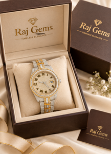 นาฬิกาข้อมือควอตซ์อะนาล็อกสองสีสแตนเลสสตีล Raj Gems หน้าปัด 28 มม. แสดงวันที่ ตัวเลขโรมัน สายแบบกำไลข้อมือสำหรับผู้หญิง - Product Image 1