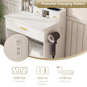 "European-Style Vanity Table Mirror Adjustable LED Lights Power Outlet Hairdryer Holder Compact <b>Dressing</b> Desk for Small Spaces" - Product Image 5