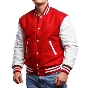 <b>Men's</b> Red <b>White</b> Varsity <b>Jacket</b> Preppy Style Regular Fit Turn-down Collar Button Closure Polyester Cotton Shell - Product Image 1
