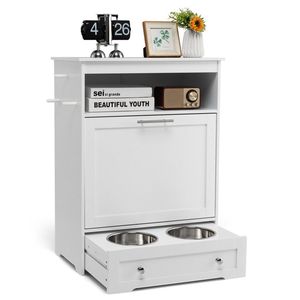 Stazione di Alimentazione Portatile Bianca per Animali Domestici, Mobile in Acciaio Inox e Legno con Ciotola per Cani e Gatti - Product Image 1