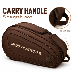 Sac de transport pour raquette de squash Rexfit Sports personnalisé marron avec impression de texte personnalisée, compartiments multi-zippés et forme de rangement sportif - Product Image 3