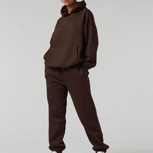 Sweat-shirt à capuche marron surdimensionné et pantalon de jogging assorti, couleur unie, polaire, unisexe, vêtements d'automne, coupe classique - Product Image 1
