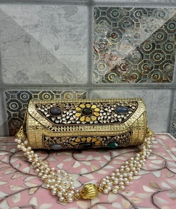 <b>Medium</b> <b>Size</b> Brass Handmade Oval Kundan Clutch Golden Indian Wedding Traditional Handmade - Product Image 5