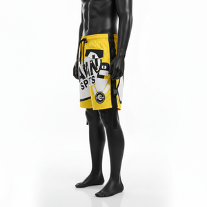 กางเกงว่ายน้ำชายผ้าไมโครไฟเบอร์โพลีเอสเตอร์อย่างดี สีเหลืองสด ด้านข้างมีสายรัดแบบคาร์โก้ พิมพ์ลายโลโก้ด้วยเทคนิคฮีททรานเฟอร์ - Product Image 3