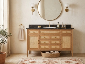 Luxury Solid Wood <b>Bathroom</b> <b>Vanity</b> With Marble Top Classic Rattan Weaving <b>Bathroom</b> Cabinet Single Sink Hotel <b>Bathroom</b> Furniture - Product Image 2