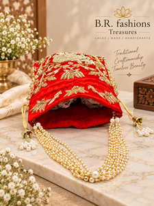 B.R. Bolsa de Cordón con Bordado de Vaca en Seda Roja de Lujo, con Borlas de Perlas, Hecha a Mano con Artesanía Tradicional - Product Image 5