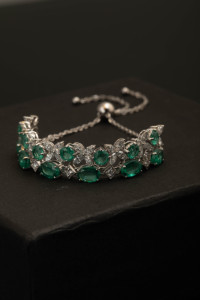 2.23 CTW Round Marquise Diamond <b>Botanical</b> Bracelet with Green Gemstones in 14K White Gold Elegant Nature Inspired Jewelry - Product Image 2