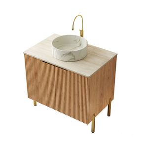 Mobile bagno Turio 30'' freestanding con piano in pietra sinterizzata effetto travertino Roma e mobiletto in compensato con venature naturali del legno - Product Image 5