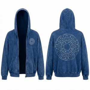 Custom Blue Zip Up Hoodie Men Vintage Wash Zodiac Astrology Graphic Oversized Full Zip Hoody Streetwear Fleece Manufacturer - Product Image 1