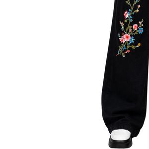 Jean large noir brodé floral pour femme, taille haute, coupe ample, style vintage, décontracté, mode, vêtements personnalisés OEM ODM - Product Image 3