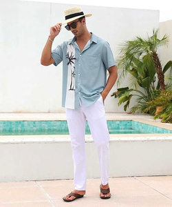 Camisas de Playa Personalizadas OEM/ODM para Hombre, 100% Algodón, Manga Corta, Transpirables, Protección UV, Estampado Tropical, Ropa de Playa para Vacaciones - Product Image 4