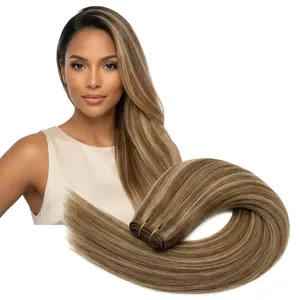 Extensiones de Cabello Humano Indio Liso Marrón Miel, Doble Trama, con Clip, Set Completo para Cabeza, Cabello Remy 100% Densidad, Base de Seda - Product Image 1
