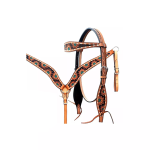 Conjunto de arreos western para caballo de cuero genuino premium hecho a mano, con cabezada floral repujada, correa de frente con puntada Buck blanca, pechopetral y riendas. - Product Image 3