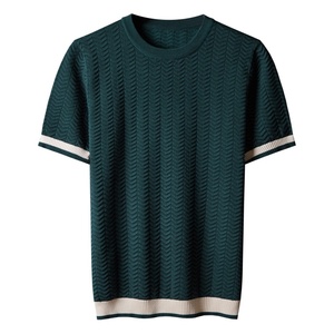 Custom Logo Front Printed O-Neck Short Sleeve Knit <b>Wool</b>/Nylon Casual Elastic Breathable Regular Fit Men's Sweater - Product Image 2