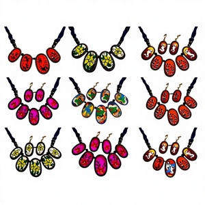 Handmade Indian Terracotta Flower Shape Jewelry <b>Set</b> Colorful Design Necklace Matching Earrings Strand Gift | Ethnic Bohemia <b>Clay</b> - Product Image 3