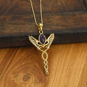 Collar con Colgante de Serpiente Alada Caduceo en Tono Dorado, de Latón con Piedra Cornalina Amatista Marquise, Joyería Espiritual de Moda con Ala de Ángel - Product Image 1