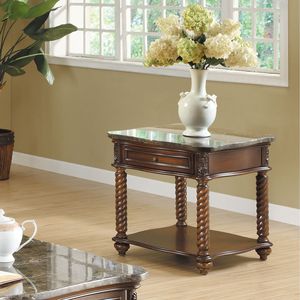 Tavolino Tradizionale Formale in Legno Mogano con Piano in Marmo, Gambe a Spirale Tornite, Cassetto e Ripiano Inferiore, Arredamento per Soggiorno - Product Image 1