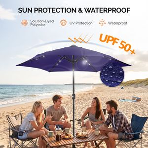 Ombrellone da Patio Solare a LED da 2,7 m con Manovella Inclinabile a Pulsante, 6 Stecche, in Poliestere Impermeabile per Tavoli da Esterno - Product Image 5