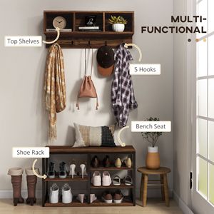 Freestanding 5-<b>Hook</b> Entryway Coat Rack and <b>Shoe</b> Bench Set Brown Hall Tree for 10 Pairs Home Furniture Coat Stand - Product Image 4
