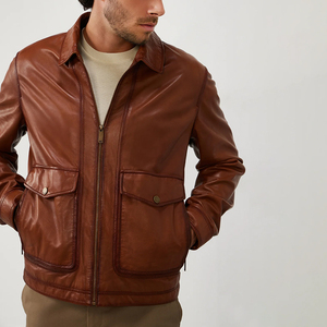 Veste en cuir marron pour homme, col rabattu, fermeture éclair, style décontracté, pour l'automne, manches classiques, couleur unie - Product Image 3