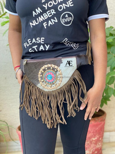 Riñonera de piel de vaca cosida a mano en cinturón de bolsillo de cadera negro cinturón de bolsillo de cintura flecos cinturones de flecos de pelo de vaca - Product Image 2