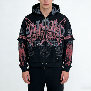 Sweat-shirt à capuche zippé noir surdimensionné pour homme avec imprimé gothique rose, design streetwear, coupe classique, en coton tricoté, pour l'automne - Product Image 5