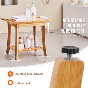 Sgabello da Doccia in Bambù Impermeabile 61 x 35 x 48 cm, Sedia da Bagno Spa con Capacità di Carico di 136 kg e Ripiano Portaoggetti, Maniglia Inclusa - Product Image 4