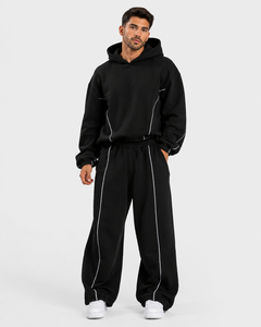 Ensemble de survêtement en molleton de coton surdimensionné noir pour hommes avec lignes contrastées, qualité supérieure, personnalisable avec logo, vente en gros OEM - Product Image 1