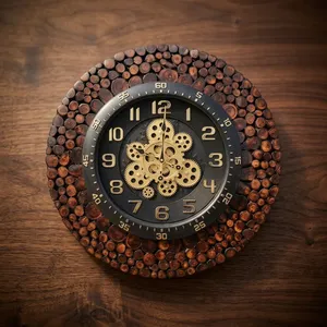 Horloge murale en bois rustique avec engrenages mécaniques et mouvement silencieux, design analogique circulaire pour la décoration de la maison - Product Image 2