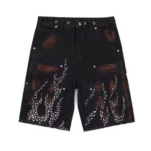 Pantalones Cortos de Mezclilla de Alta Calidad, Estilo Urbano, 100% Algodón, Desgastados, con Remaches de Diamantes de Imitación, Lavados, Estilo Carpintero, Vintage, Bonitos, de Tiro Medio - Product Image 3