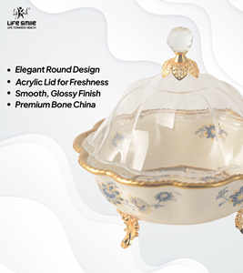 Plateau de service avec couvercle transparent en porcelaine fine, de haute qualité, aspect moderne et luxueux, avec supports dorés - Product Image 3