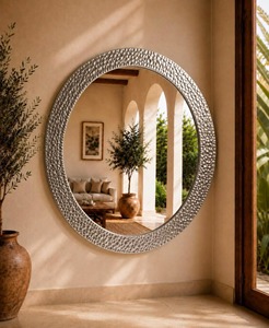 Hand-Hammered Textural Metal <b>Round</b> <b>Wall</b> <b>Mirror</b> with Crystal Glass Handmade REHMAN CRAFT - Product Image 4