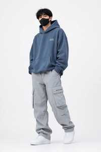 Oneten Apparel <b>Men's</b> Blue Gray Solid Knitted Pullover <b>Hoodie</b> Hooded Sweatshirt Regular Sleeve Autumn Eco-friendly Front Logo - Product Image 3