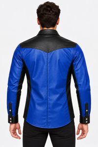 Chemise Western en Cuir Bleu et Noir Premium pour Homme, Manches Longues, Design à Couleurs Contrastées, Col Revers, Double Poche à Fermeture Éclair sur la Poitrine - Product Image 4