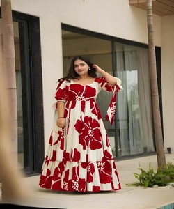 VESTIDO MODERNO DE UNA PIEZA CON ESTAMPADO FLORAL DE CREPE PARA USO DIARIO, PRECIO AL POR MAYOR, PRENDAS ÉTNICAS, ROJO - Product Image 1
