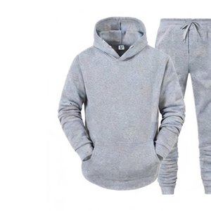 Nueva llegada: Conjunto de sudadera con capucha y pantalones deportivos de forro polar gris para hombre con logo personalizado, ropa casual de otoño, trajes deportivos de punto de color sólido. - Product Image 3