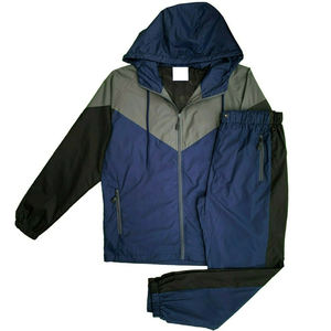 Conjunto de dos piezas de chaqueta cortavientos holgada personalizada con cremallera y pantalón de chándal de nailon de color contrastante para hombre de secado rápido - Product Image 4