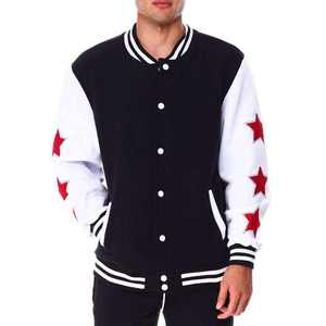 Unisex Black White Varsity <b>Jacket</b> with Red <b>Stars</b> Embroidery Casual Winter Wear Windproof Breathable Woolen - Product Image 1