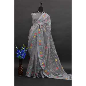 Sari en soie de créateur pour mariages, broderie multicolore au fil et au zari - Product Image 2