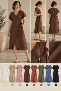 Premium Woven Cotton <b>Linen</b> Knee-Length Breathable Solid Color <b>Wrap</b> Short Sleeve Casual Gown Natural Waist A-Line Silhouette - Product Image 2