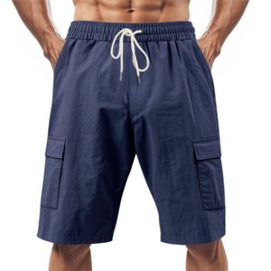 Men's 100% Cotton Canvas Knitted Breathable Mid Waist Cargo Shorts Casual <b>Elastic</b> Lightweight Solid - Product Image 2