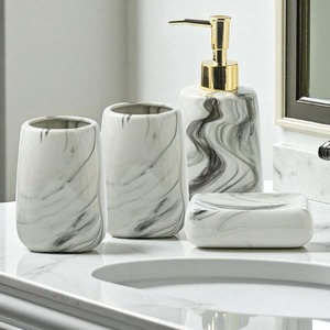 Juego de baño de cerámica moderno de 4 piezas con diseño de mármol, dispensador de jabón, soporte para cepillos de dientes, bandeja, fácil de limpiar - Product Image 3