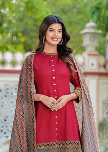 Kurta et Dupatta pour femme en rayonne et coton cambriqué marron imprimé zig-zag, coupe trapèze, col mandarin, manches trois-quarts, tenue ethnique - Product Image 4